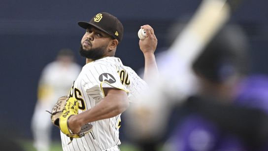 Apr 9, 2026; San Diego, California, USA; San Diego Padres starting pitcher Randy Vasquez (98) delivers a pitch during the first inning against the San Diego Padres at Petco Park. Apr 9, 2026; San Diego, California, USA; San Diego Padres starting pitcher Randy Vasquez (98) delivers a pitch during the first inning against the San Diego Padres at Petco Park.