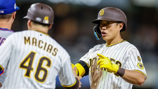 Jun 6, 2026; San Diego, California, USA; San Diego Padres second baseman Sung-Mun Song (24) celebrates after hitting a single during the fifth inning against the New York Mets at Petco Park. Jun 6, 2026; San Diego, California, USA; San Diego Padres second baseman Sung-Mun Song (24) celebrates after hitting a single during the fifth inning against the New York Mets at Petco Park.