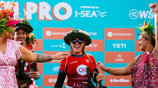 Erin Brooks of Canada after winning the Outerknown Tahiti Pro on August 13, 2026. Erin Brooks of Canada after winning the Outerknown Tahiti Pro on August 13, 2026.