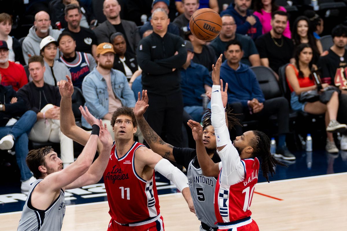 Los Angeles Clippers guard Darius Garland (10) takes a floater during an NBA basketball game against the San Antonio Spurs,Thursday April 2nd, 2026 in Inglewood, California.