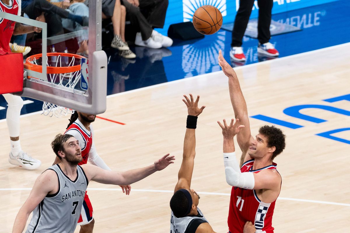 Los Angeles Clippers center Brook Lopez (11) takes a hook shot during an NBA basketball game against the San Antonio Spurs,Thursday April 2nd, 2026 in Inglewood, California.