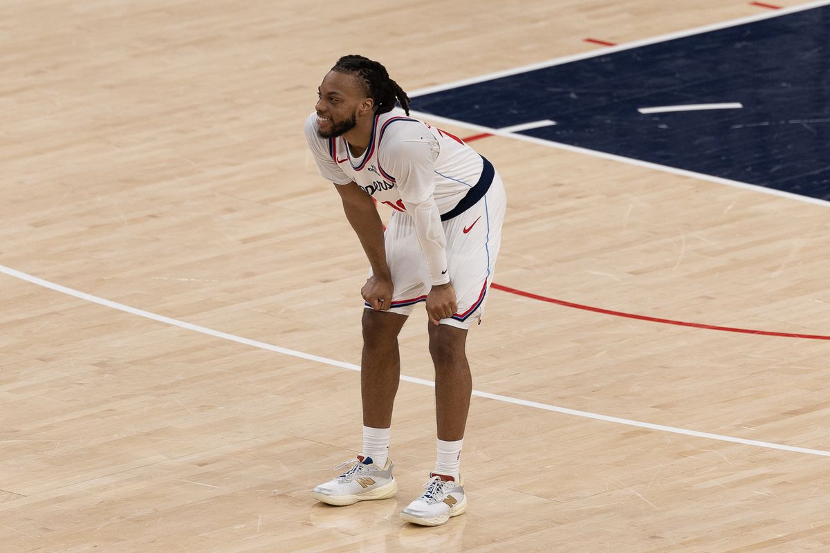 Los Angeles Clippers guard Darius Garland (10) celebrates during an NBA basketball game against the Dallas Mavericks, Tuesday April 7, 2026 in Inglewood, Calif.