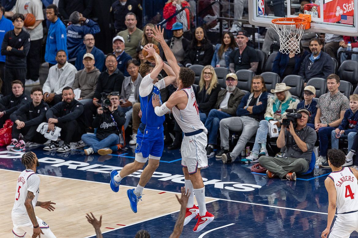 Los Angeles Clippers center Brook Lopez (11) blocks a shot during an NBA basketball game against the Dallas Mavericks, Tuesday April 7, 2026 in Inglewood, Calif.