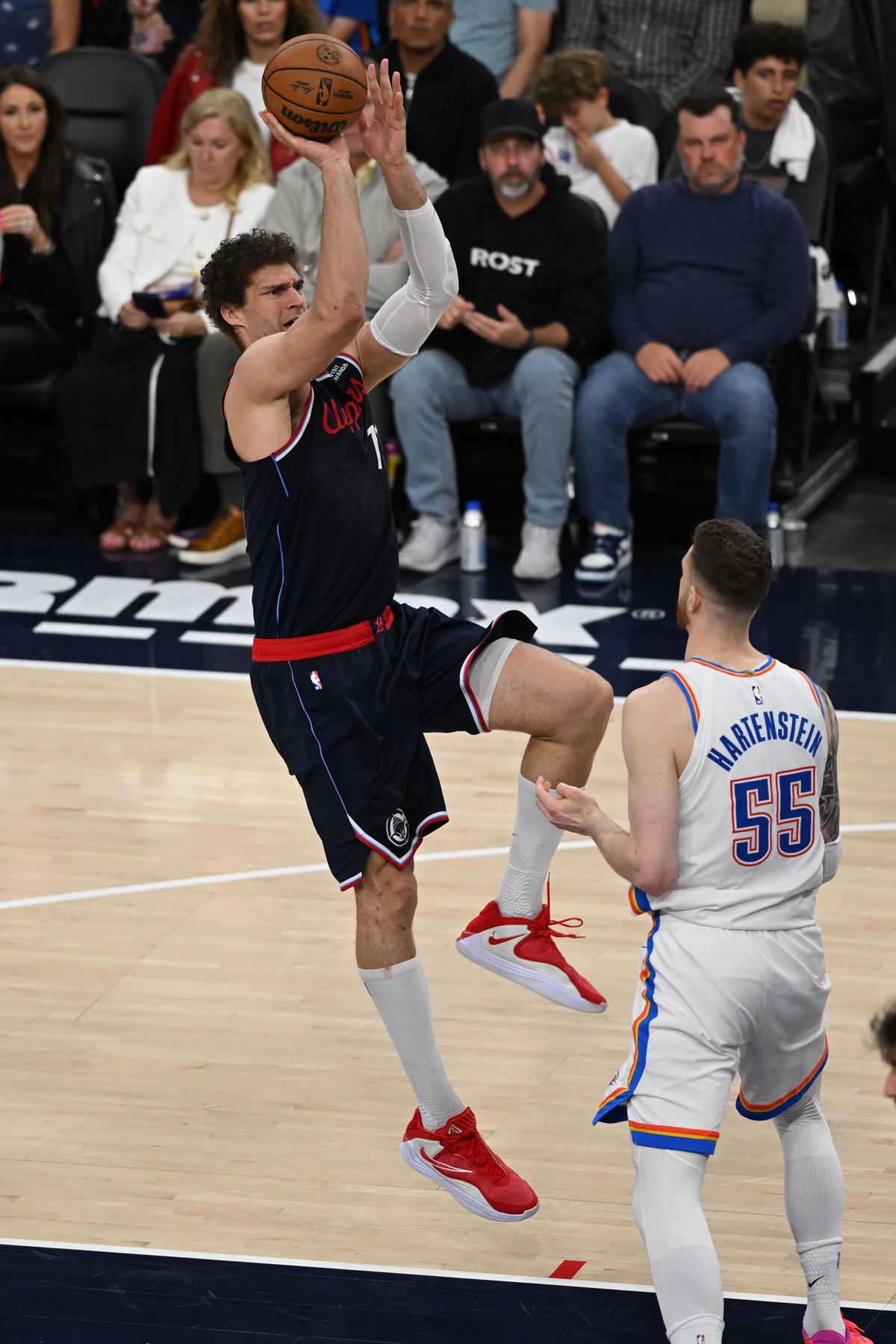 Los Angeles Clippers center Brook Lopez (11) takes a jump shot during a game between the Los Angeles Clippers and OKC Thunder on Wednesday, April 8, 2026 at Intuit Dome in Inglewood Calif