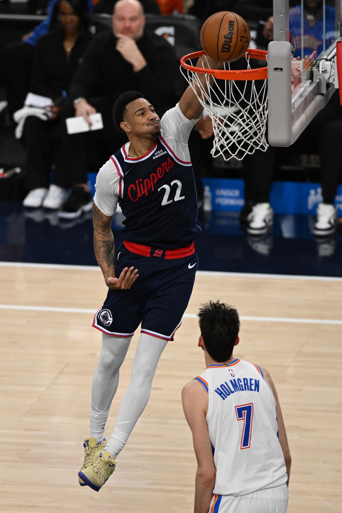Los Angeles Clippers guard Jordan Miller (22) dunks the ball in during a game between the Los Angeles Clippers and OKC Thunder on Wednesday, April 8, 2026 at Intuit Dome in Inglewood Calif