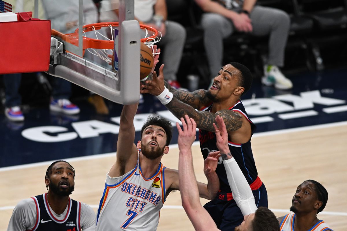 Los Angeles Clippers forward John Collins (20) grabs a rebound during a game between the Los Angeles Clippers and OKC Thunder on Wednesday, April 8, 2026 at Intuit Dome in Inglewood Calif