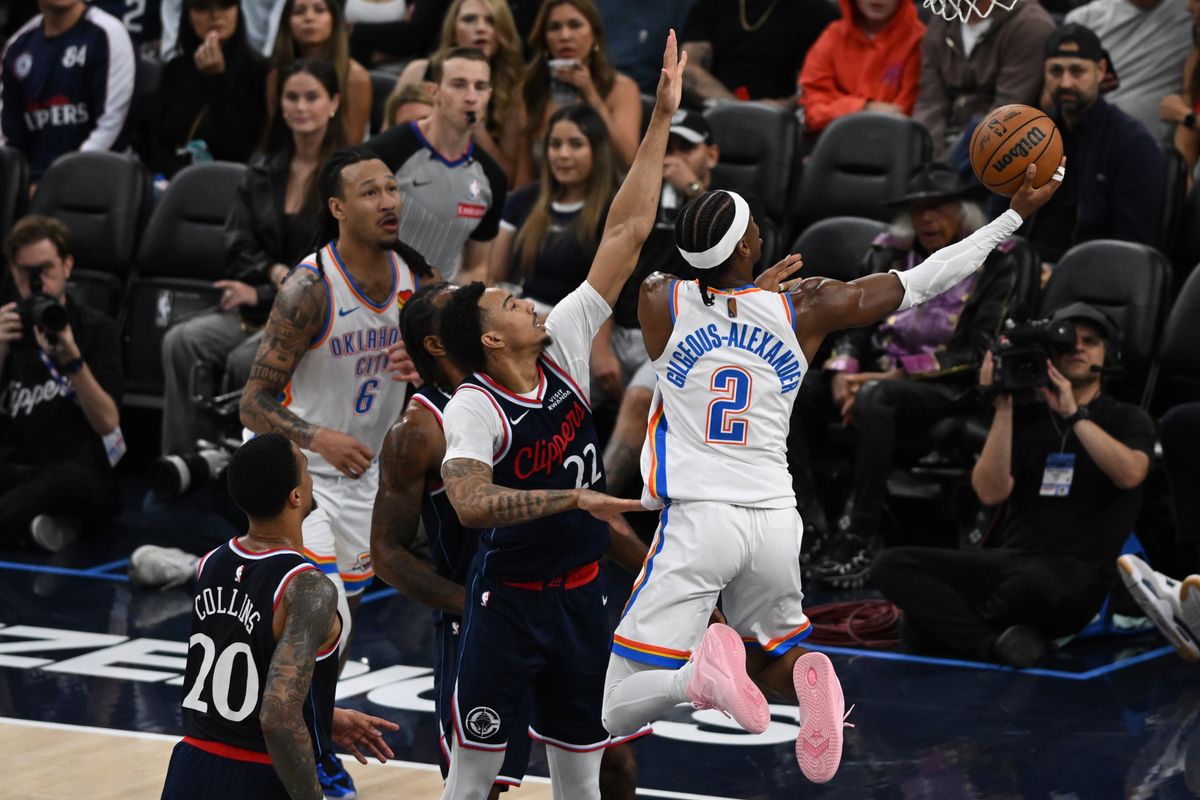 OKC Thunder guard Shai Gilgeous-Alexander (2) lays the ball in during a game between the Los Angeles Clippers and OKC Thunder on Wednesday, April 8, 2026 at Intuit Dome in Inglewood Calif