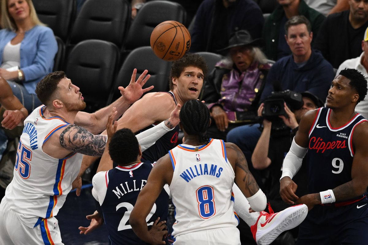 Los Angeles Clippers center Brook Lopez (11) battles for the rebound during a game between the Los Angeles Clippers and OKC Thunder on Wednesday, April 8, 2026 at Intuit Dome in Inglewood Calif