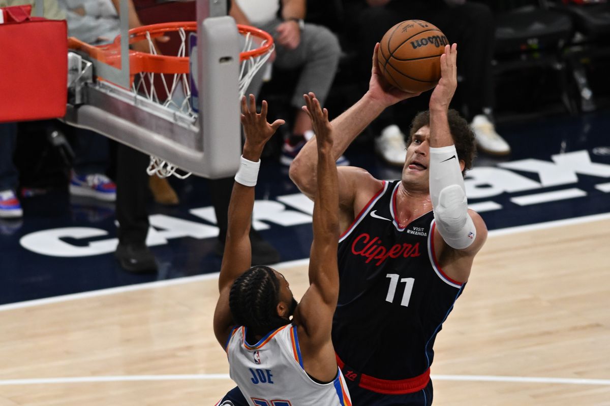 Los Angeles Clippers center Brook Lopez (11) jumps for a follow up shot during a game between the Los Angeles Clippers and OKC Thunder on Wednesday, April 8, 2026 at Intuit Dome in Inglewood Calif