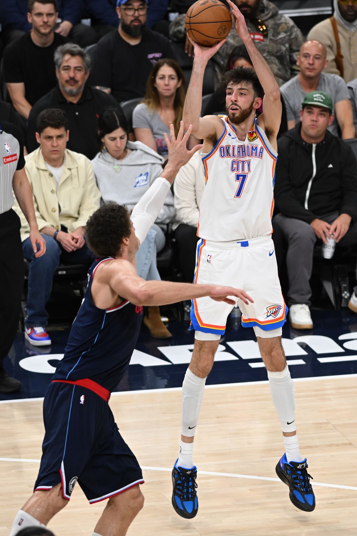 OKC Thunder center Chet Holmgren (7) shoots a three-pointer during a game between the Los Angeles Clippers and OKC Thunder on Wednesday, April 8, 2026 at Intuit Dome in Inglewood Calif