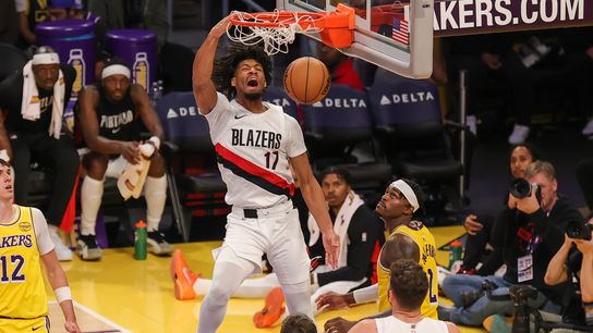 #17 G Shaedon Sharpe of the Portland Trailblazers dunks the basketball during an NBA game against the Los Angeles Lakers on October 27, 2025 in Los Angeles, CA.  