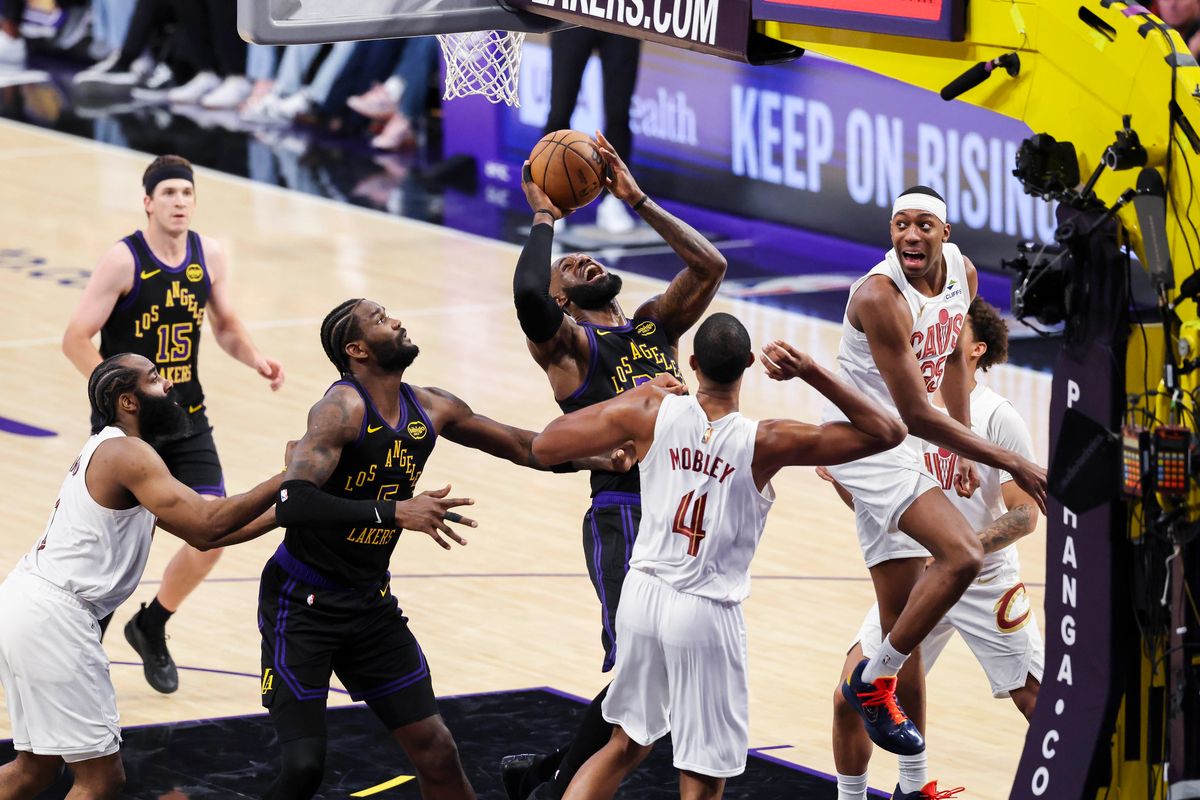LeBron James #23 of the Los Angeles Lakers drives towards the rim during an NBA basketball game against the Cleveland Cavaliers, Tuesday March 31, 2026 in Los Angeles, Calif.