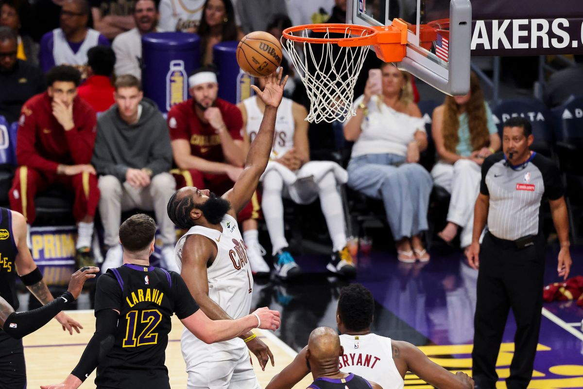 James Harden #1 of the Cleveland Cavaliers lays the ball up during an NBA basketball game against the Los Angeles Lakers, Tuesday March 31, 2026 in Los Angeles, Calif.