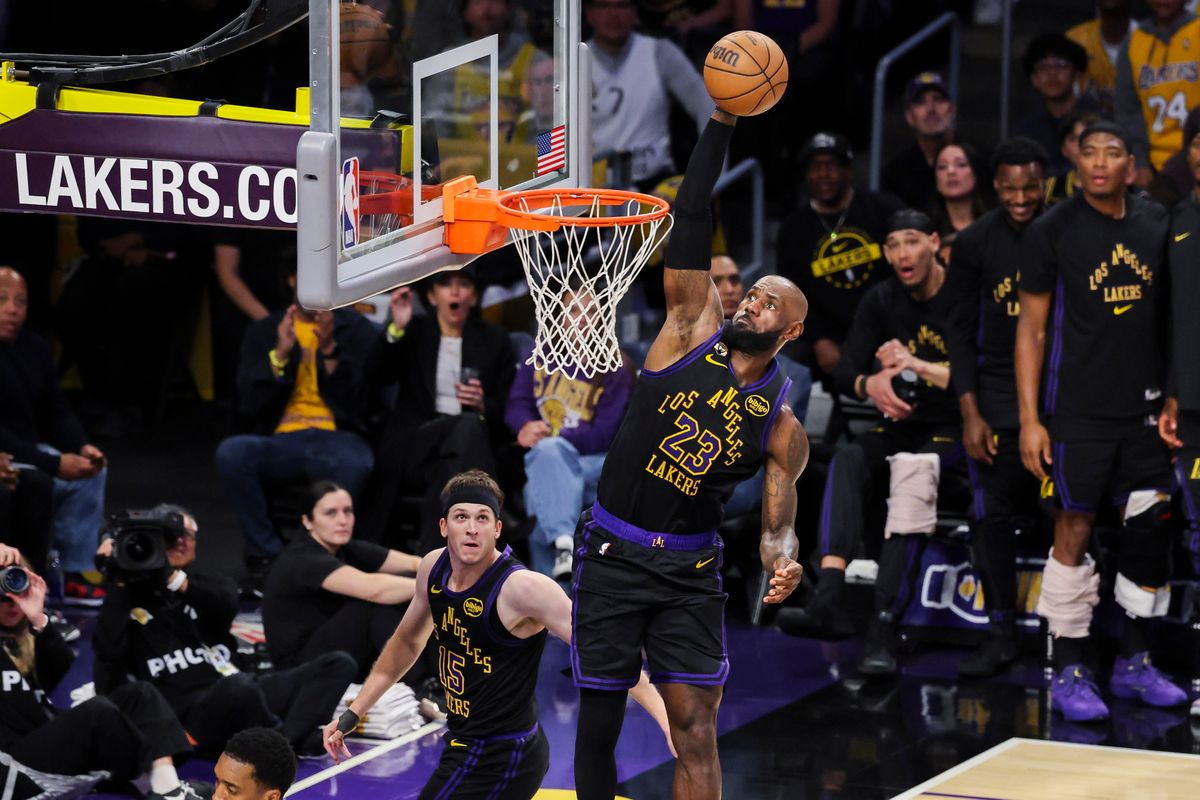 LeBron James #23 of the Los Angeles Lakers dunks the ball during an NBA basketball game against the Cleveland Cavaliers, Tuesday March 31, 2026 in Los Angeles, Calif.