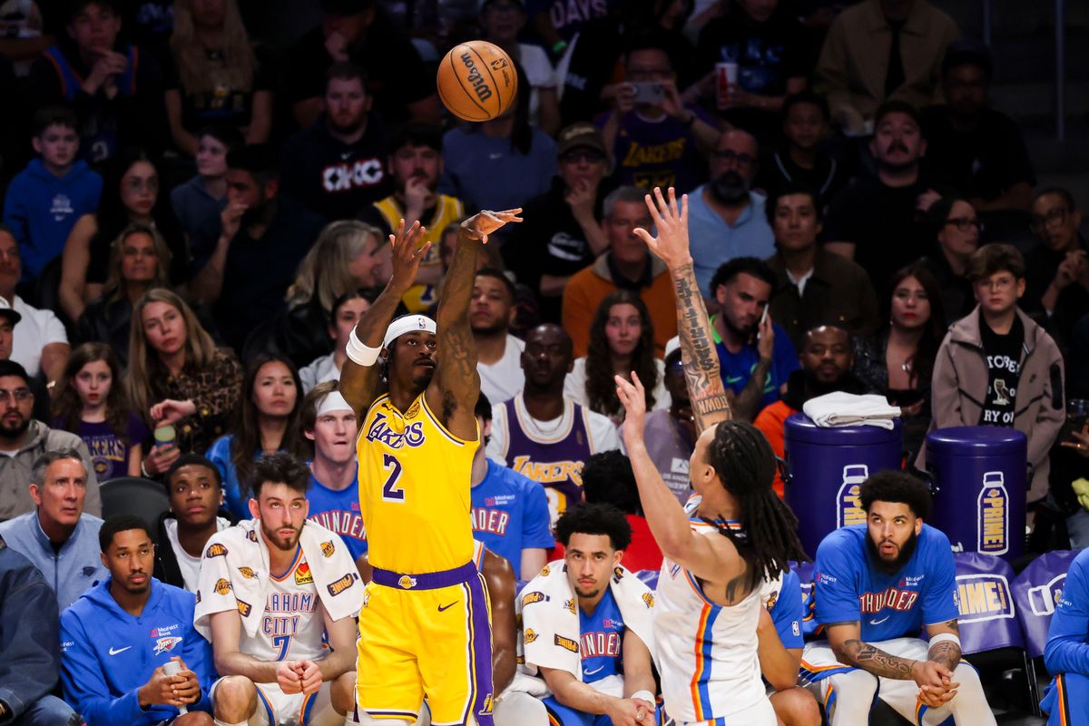 Jarred Vanderbilt #2 of the Los Angeles Lakers shoots the ball during an NBA basketball game against the Oklahoma City Thunder, Tuesday April 7, 2026 in Los Angeles, Calif.