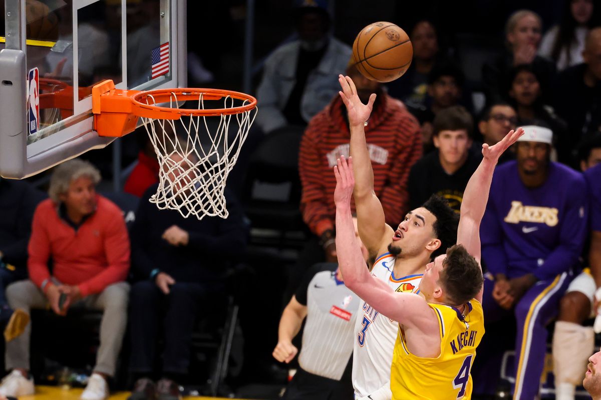 Jared McCain #3 of the Oklahoma City Thunder lays the ball up during an NBA basketball game against the Los Angeles Lakers, Tuesday April 7, 2026 in Los Angeles, Calif.