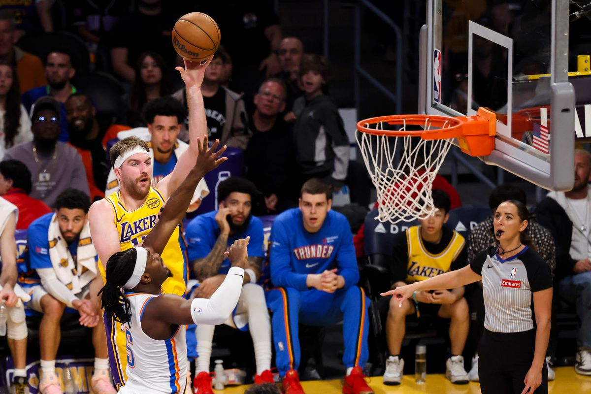 Drew Timme #17 of the Los Angeles Lakers shoots the ball during an NBA basketball game against the Oklahoma City Thunder, Tuesday April 7, 2026 in Los Angeles, Calif.