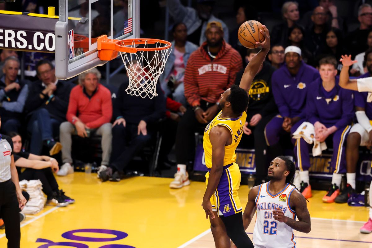 Bronny James #9 of the Los Angeles Lakers dunks the ball during an NBA basketball game against the Oklahoma City Thunder, Tuesday April 7, 2026 in Los Angeles, Calif.