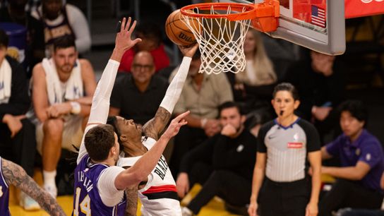Portland Trailblazers guard Ja Morant (1) lays the ball in during an NBA basketball game against Los Angeles Lakers, Tuesday, October 27, 2026 in Los Angeles.