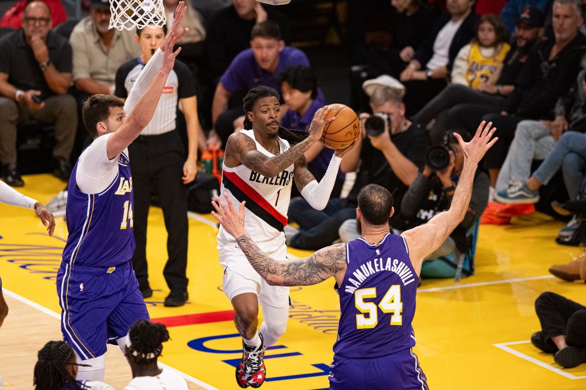 Portland Trailblazers guard Ja Morant (1) drives for a layup during an NBA basketball game against Los Angeles Lakers, Tuesday, October 27, 2026 in Los Angeles.