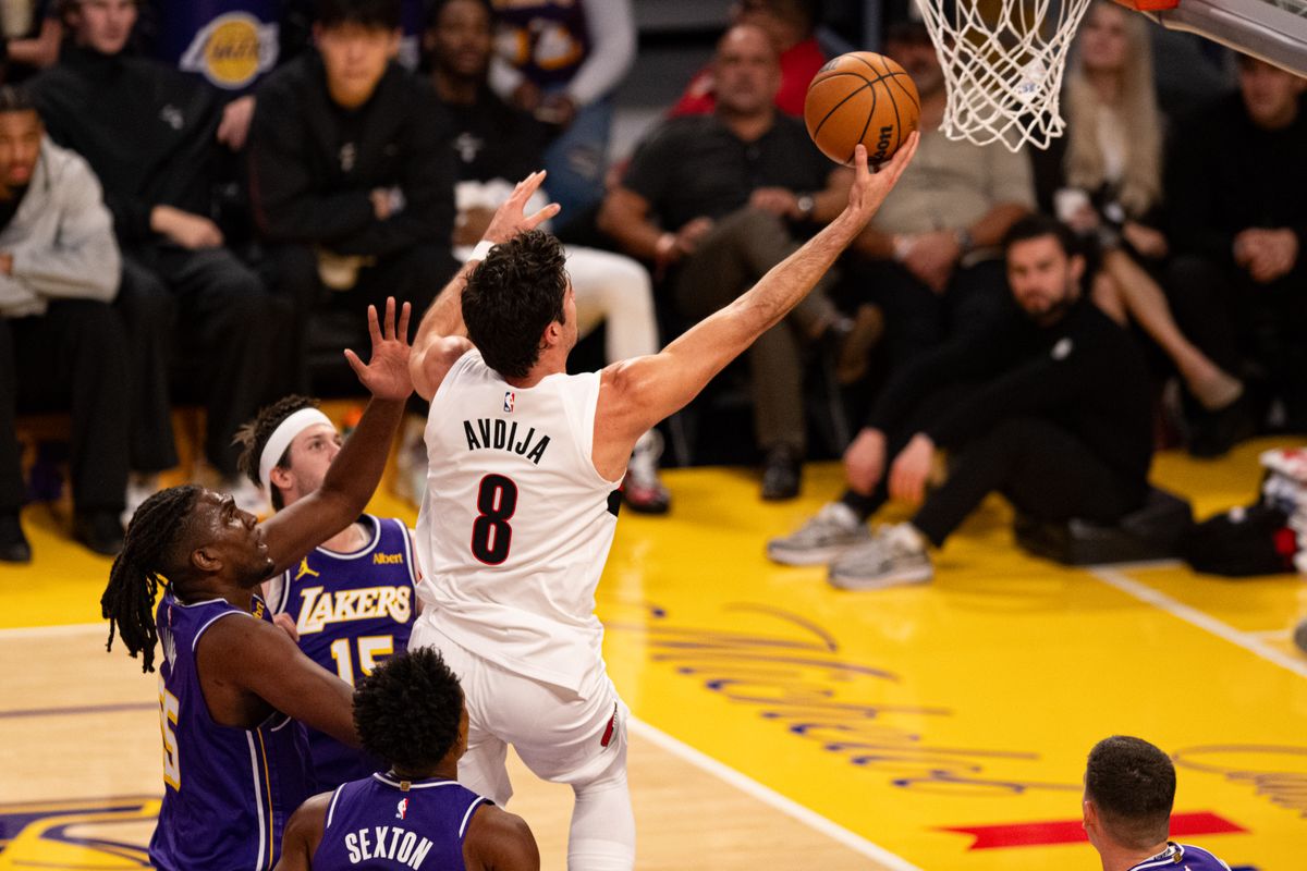 Portland Trailblazers forward Deni Avdija (8) drives for a easy layup during an NBA basketball game against Los Angeles Lakers, Tuesday, October 27, 2026 in Los Angeles.