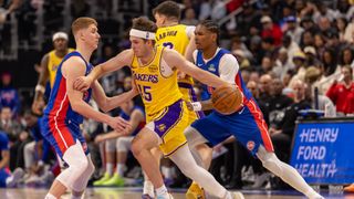 Lakers’ win streak snapped in high-effort loss to Pistons taken at Little Caesars Arena (Los Angeles Lakers). Photo by David Reginek-Imagn Images