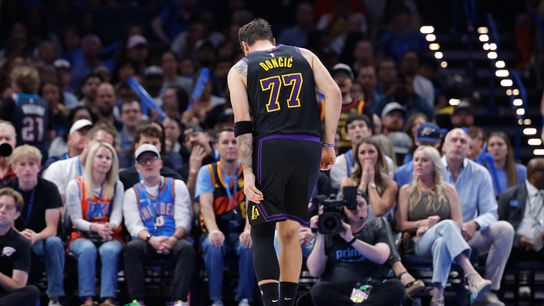Apr 2, 2026; Oklahoma City, Oklahoma, USA; Los Angeles Lakers guard Luka Doncic (77) hops to the side of the court during a play against the Oklahoma City Thunder during the second half at Paycom Center. Apr 2, 2026; Oklahoma City, Oklahoma, USA; Los Angeles Lakers guard Luka Doncic (77) hops to the side of the court during a play against the Oklahoma City Thunder during the second half at Paycom Center.