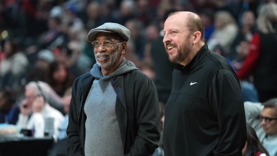 Larry Miller, president of Jordan Bran and New York Knicks head coach Tom Thibodeau (right) share a smile before the game against the Portland Trail Blazers at Moda Center. Larry Miller, president of Jordan Bran and New York Knicks head coach Tom Thibodeau (right) share a smile before the game against the Portland Trail Blazers at Moda Center.