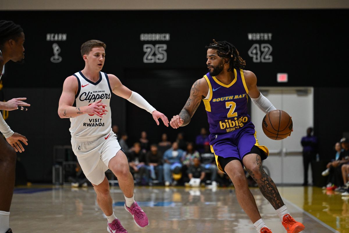South Bay Lakers guard RJ Davis (2) dribbles the ball downcourt during an NBA G-League playoff game between the San Diego Clippers and the South Bay Lakers Wednesday, April 1, 2026 at UCLA Health Training Center in El Segundo, Calif.