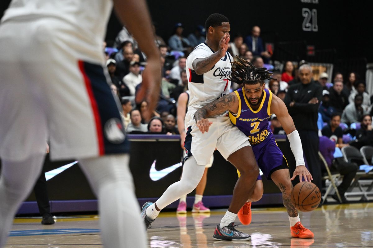 South Bay Lakers guard RJ Davis (2) gets fouled while driving to the basket during an NBA G-League playoff game between the San Diego Clippers and the South Bay Lakers Wednesday, April 1, 2026 at UCLA Health Training Center in El Segundo, Calif.
