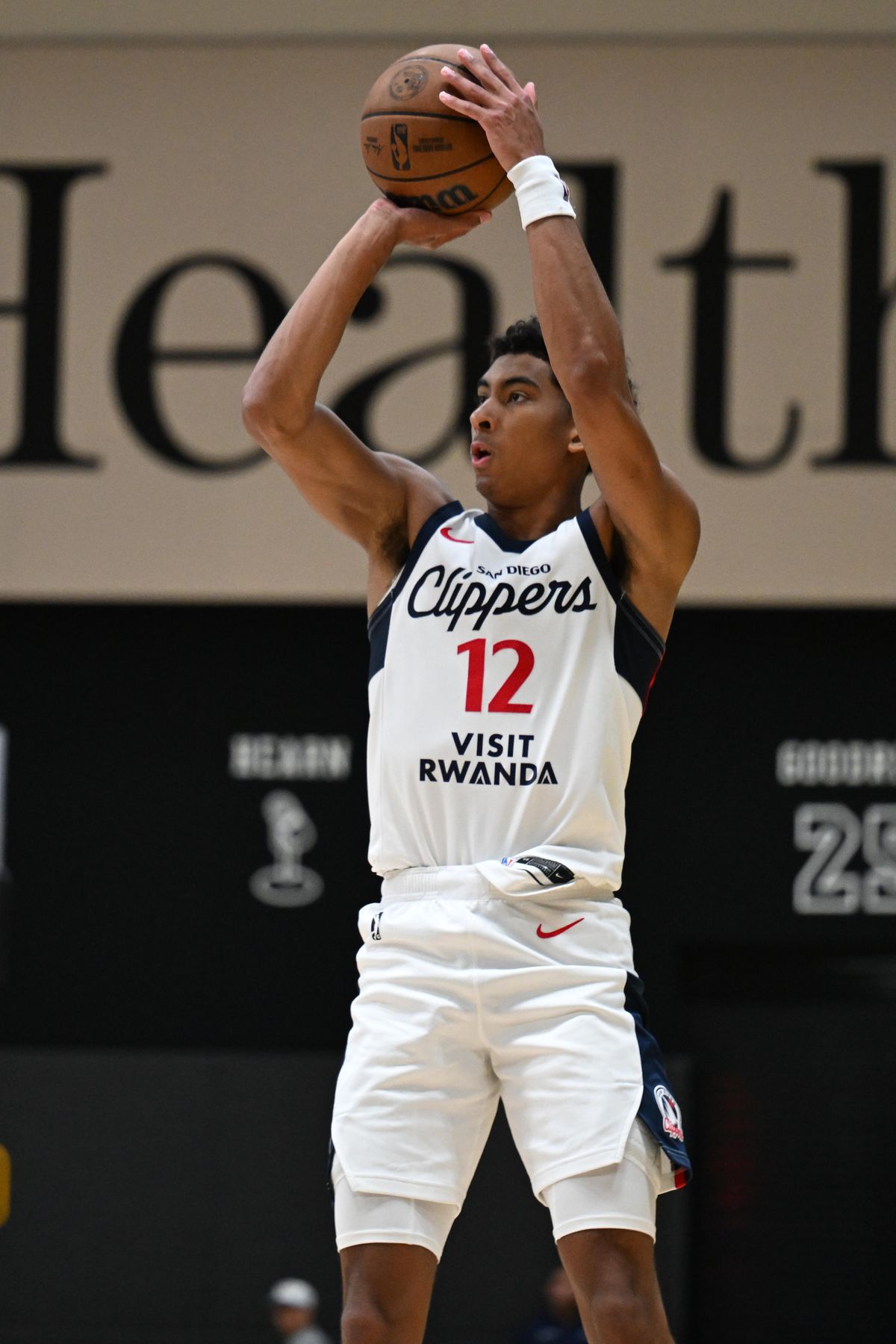 San Diego Clippers guard Cam Christie (12) shoots a three-pointer during an NBA G-League playoff game between the San Diego Clippers and the South Bay Lakers Wednesday, April 1, 2026 at UCLA Health Training Center in El Segundo, Calif.