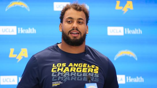 Rashawn Slater #70 of the Los Angeles Chargers speaks to the media during training camp at The Bolt on August 11, 2026 in El Segundo, California. Rashawn Slater #70 of the Los Angeles Chargers speaks to the media during training camp at The Bolt on August 11, 2026 in El Segundo, California.