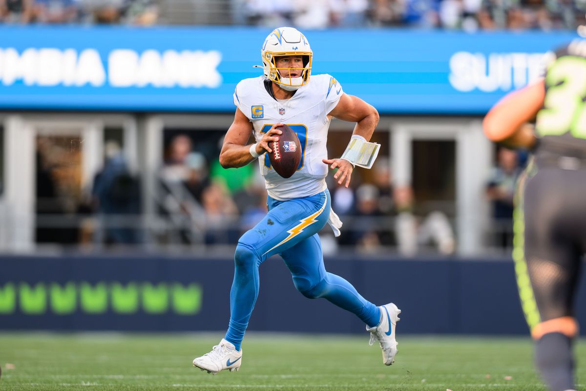 Los Angeles Chargers quarterback Justin Herbert (10) runs the ball during an NFL game between the Los Angeles Chargers and Seattle Seahawks on Sunday, October 4, 2026 at Lumen Field in Seattle, Washington Los Angeles Chargers quarterback Justin Herbert (10) runs the ball during an NFL game between the Los Angeles Chargers and Seattle Seahawks on Sunday, October 4, 2026 at Lumen Field in Seattle, Washington