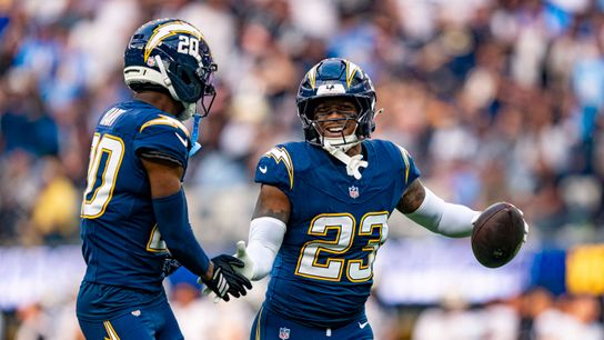 Los Angeles Chargers safety, Tony Jefferson (23) celebrates an interception during an NFL football game against the Las Vegas Raiders on November 30, 2025 in Los Angeles, CA. Los Angeles Chargers safety, Tony Jefferson (23) celebrates an interception during an NFL football game against the Las Vegas Raiders on November 30, 2025 in Los Angeles, CA.