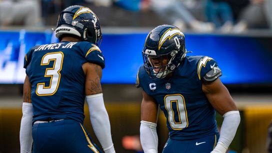 Los Angeles Chargers linebacker, Daiyan Henley (0) celebrates with teammate Derwin James Jr. during an NFL football game against the Las Vegas Raiders on November 30, 2025 in Los Angeles, CA. Los Angeles Chargers linebacker, Daiyan Henley (0) celebrates with teammate Derwin James Jr. during an NFL football game against the Las Vegas Raiders on November 30, 2025 in Los Angeles, CA.