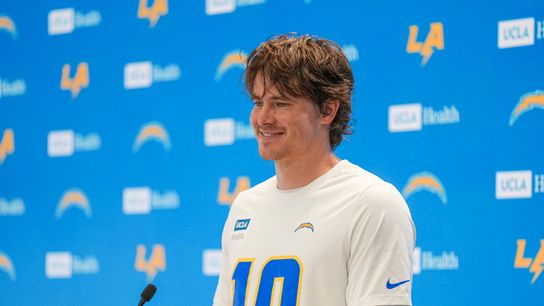 Los Angeles Chargers quarterback Justin Herbert (10) responding to the press before Chargers organized team activities at the Bolt on Tuesday, June 2nd in El Segundo, CA. Los Angeles Chargers quarterback Justin Herbert (10) responding to the press before Chargers organized team activities at the Bolt on Tuesday, June 2nd in El Segundo, CA.
