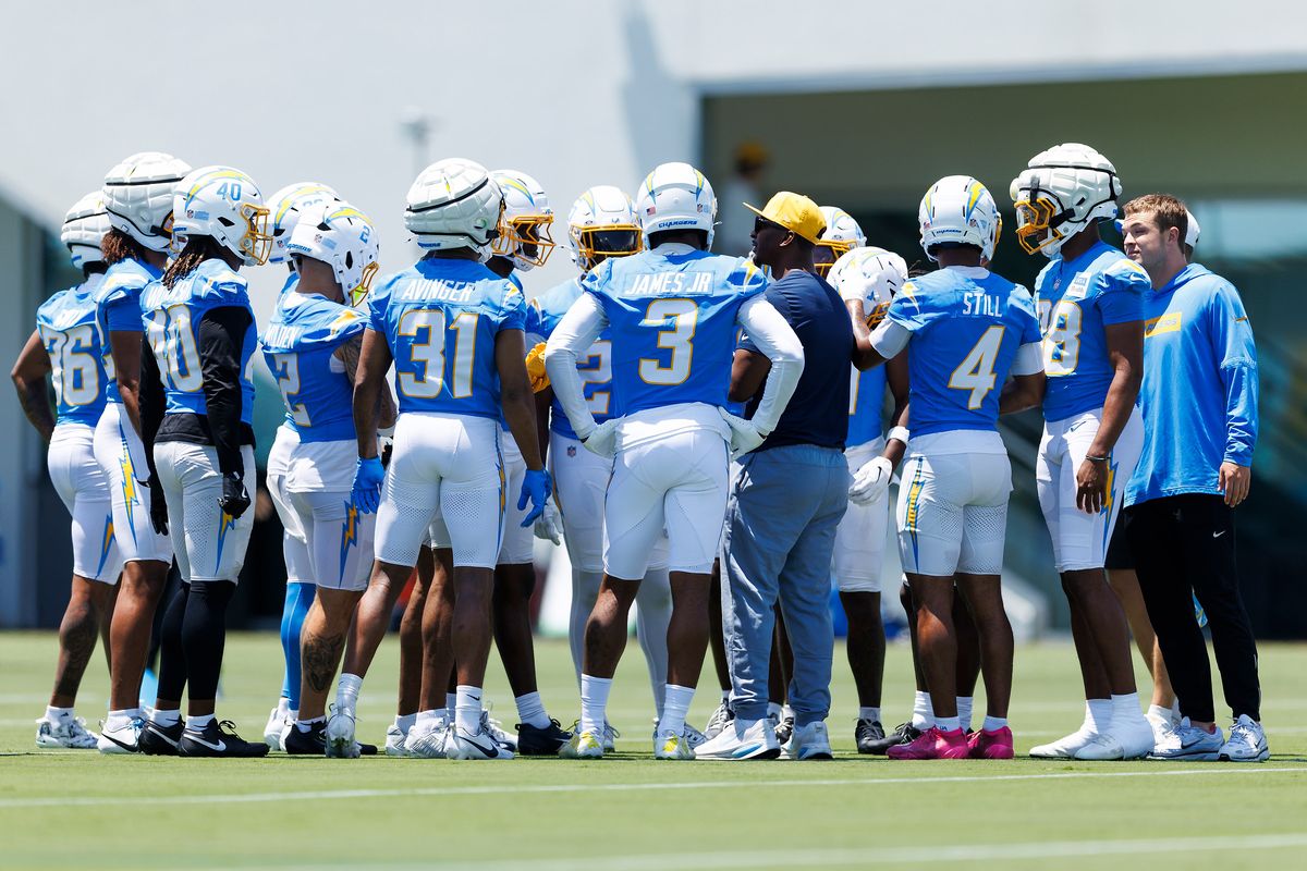Los Angeles Chargers defensive group huddle during mandatory minicamp at The Bolt on June 16, 2026 in El Segundo, California. Los Angeles Chargers defensive group huddle during mandatory minicamp at The Bolt on June 16, 2026 in El Segundo, California.