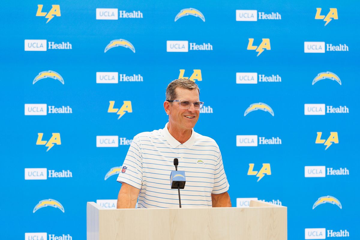 Jim Harbaugh of the Los Angeles Chargers speaks with members of the media before mandatory minicamp at The Bolt on June 16, 2026 in El Segundo, California. Jim Harbaugh of the Los Angeles Chargers speaks with members of the media before mandatory minicamp at The Bolt on June 16, 2026 in El Segundo, California.