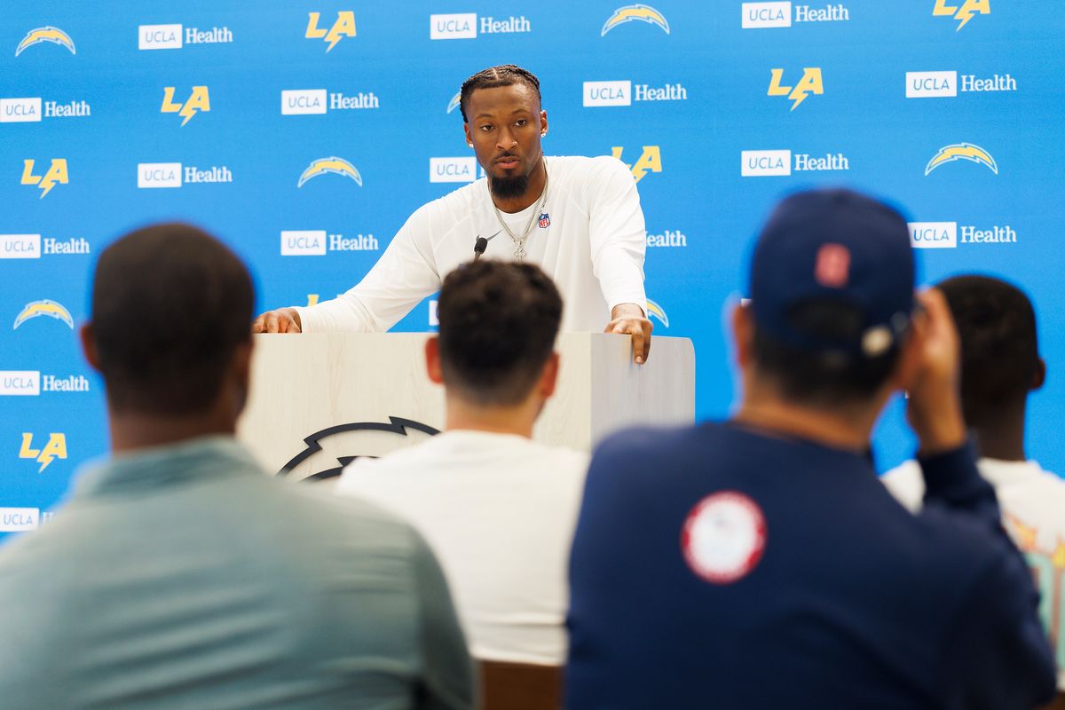 Quentin Johnson #1 of the Los Angeles Chargers speaks with members of the media after mandatory minicamp at The Bolt on June 16, 2026 in El Segundo, California. Quentin Johnson #1 of the Los Angeles Chargers speaks with members of the media after mandatory minicamp at The Bolt on June 16, 2026 in El Segundo, California.