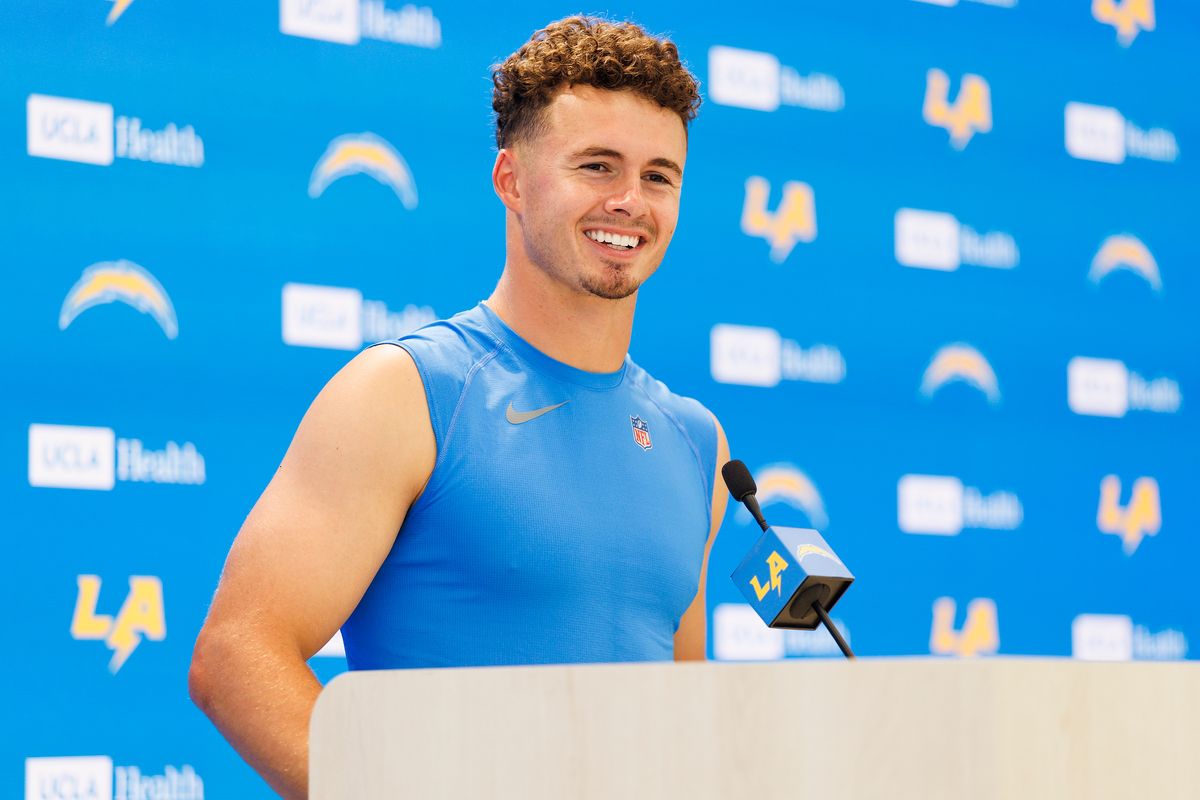 Ladd McConkey #15 of the Los Angeles Chargers speaks with members of the media after mandatory minicamp at The Bolt on June 16, 2026 in El Segundo, California. Ladd McConkey #15 of the Los Angeles Chargers speaks with members of the media after mandatory minicamp at The Bolt on June 16, 2026 in El Segundo, California.
