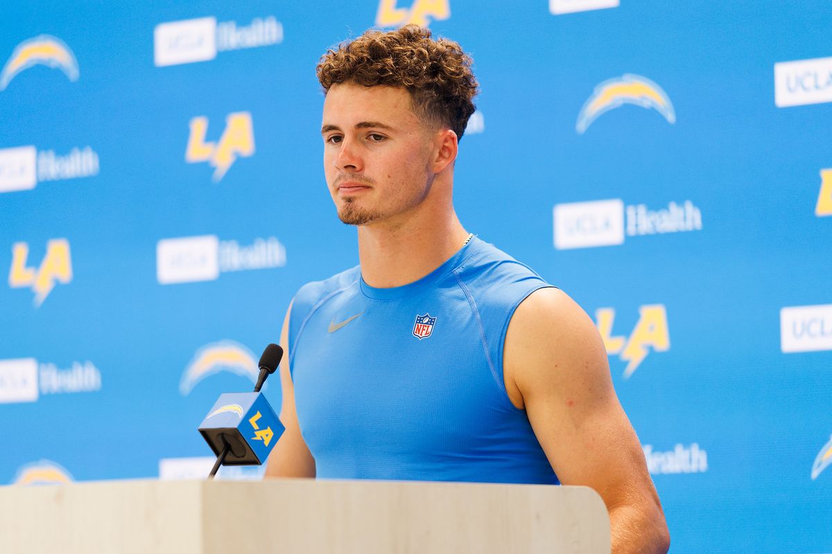 Ladd McConkey #15 of the Los Angeles Chargers speaks with members of the media after mandatory minicamp at The Bolt on June 16, 2026 in El Segundo, California. Ladd McConkey #15 of the Los Angeles Chargers speaks with members of the media after mandatory minicamp at The Bolt on June 16, 2026 in El Segundo, California.