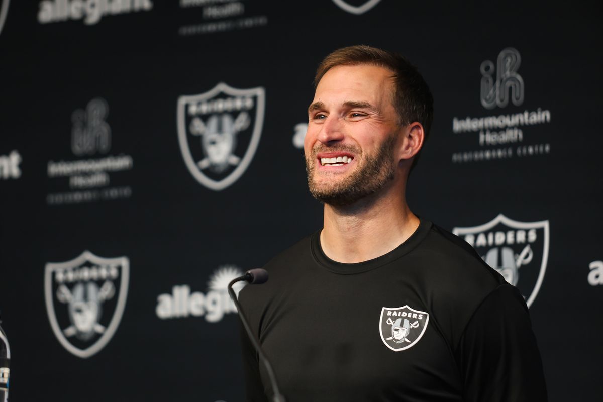 Las Vegas Raiders quarterback Kirk Cousins smiles while speaking to the media in a press conference, Wednesday April 8, 2026 in Henderson, Nev.