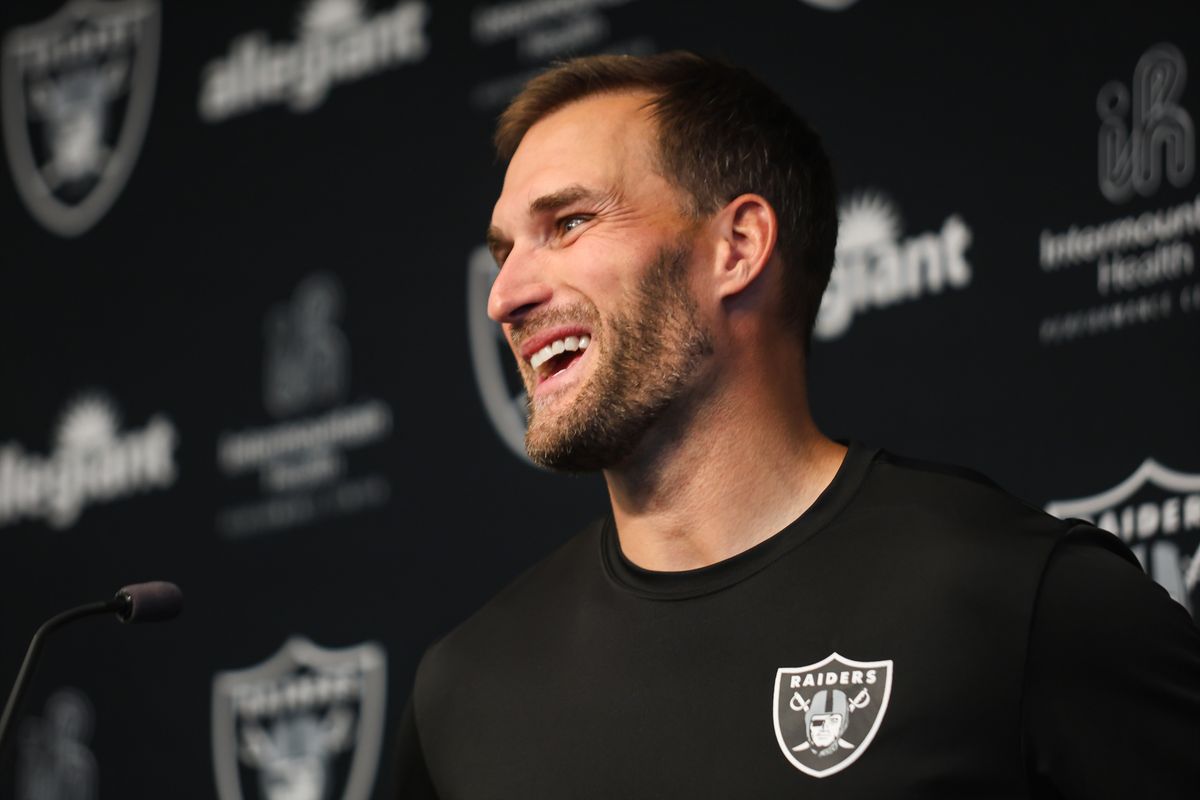 Las Vegas Raiders quarterback Kirk Cousins smiles while speaking to the media in a press conference, Wednesday April 8, 2026 in Henderson, Nev.