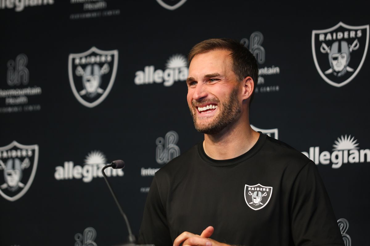Las Vegas Raiders quarterback Kirk Cousins smiles while speaking to the media in a press conference, Wednesday April 8, 2026 in Henderson, Nev.