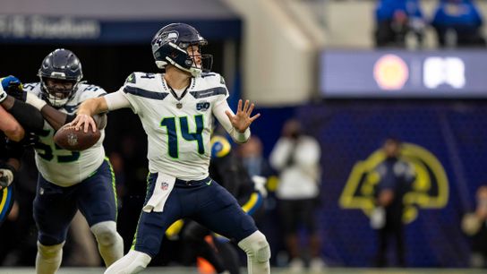 Seattle Seahawks quarterback, Sam Darnold (14) looks for a receiver to pass to during an NFL football game against the Los Angeles Rams on November 16, 2025 in Los Angeles, CA.