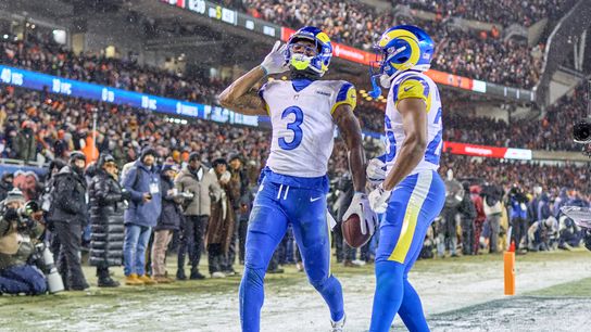 Los Angeles Rams safety Kam Curl #3 celebrates with teammates after making an interception in the fourth quarter during a NFL Divisional football game against the Chicago Bears, on Sunday, January 18, 2026 in Chicago, Illinois. Los Angeles Rams safety Kam Curl #3 celebrates with teammates after making an interception in the fourth quarter during a NFL Divisional football game against the Chicago Bears, on Sunday, January 18, 2026 in Chicago, Illinois.