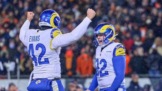 Los Angeles Rams place kicker Harrison Mevis #92 celebrates kicking the winning field goal in overtime after an NFL Divisional football game against the Chicago Bears, on Sunday, January 18, 2026 in Chicago, Illinois. Los Angeles Rams place kicker Harrison Mevis #92 celebrates kicking the winning field goal in overtime after an NFL Divisional football game against the Chicago Bears, on Sunday, January 18, 2026 in Chicago, Illinois.