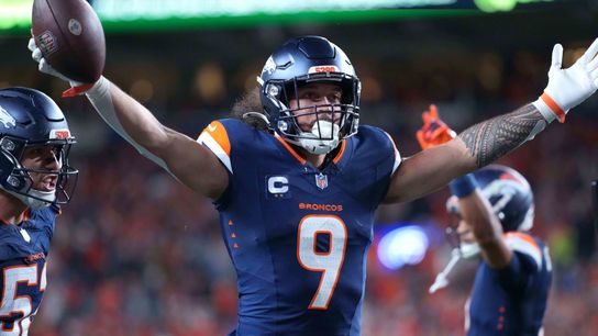 Denver Broncos safety Talanoa Hufanga #9 celebrates with fans after intercepting the football after an NFL football game against the Los Angeles Rams, on Sunday September 27, 2026 in Denver, CO.