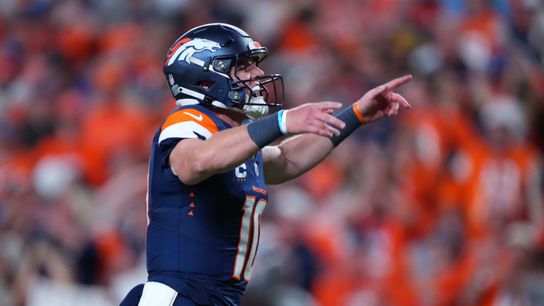 Denver Broncos quarterback Bo Nix #10 celebrates with teammates after a touchdown during an NFL football game against the Los Angeles Rams, on Sunday September 27, 2026 in Denver, CO.