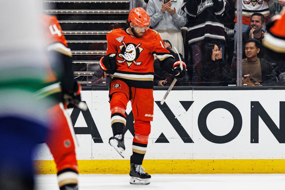 AJ Greer #18 of the Anaheim Ducks celebrates after scoring a goal during an NHL regular season game against the Vancouver Canucks on October 27, 2026 at Honda Center in Anaheim, California. AJ Greer #18 of the Anaheim Ducks celebrates after scoring a goal during an NHL regular season game against the Vancouver Canucks on October 27, 2026 at Honda Center in Anaheim, California.